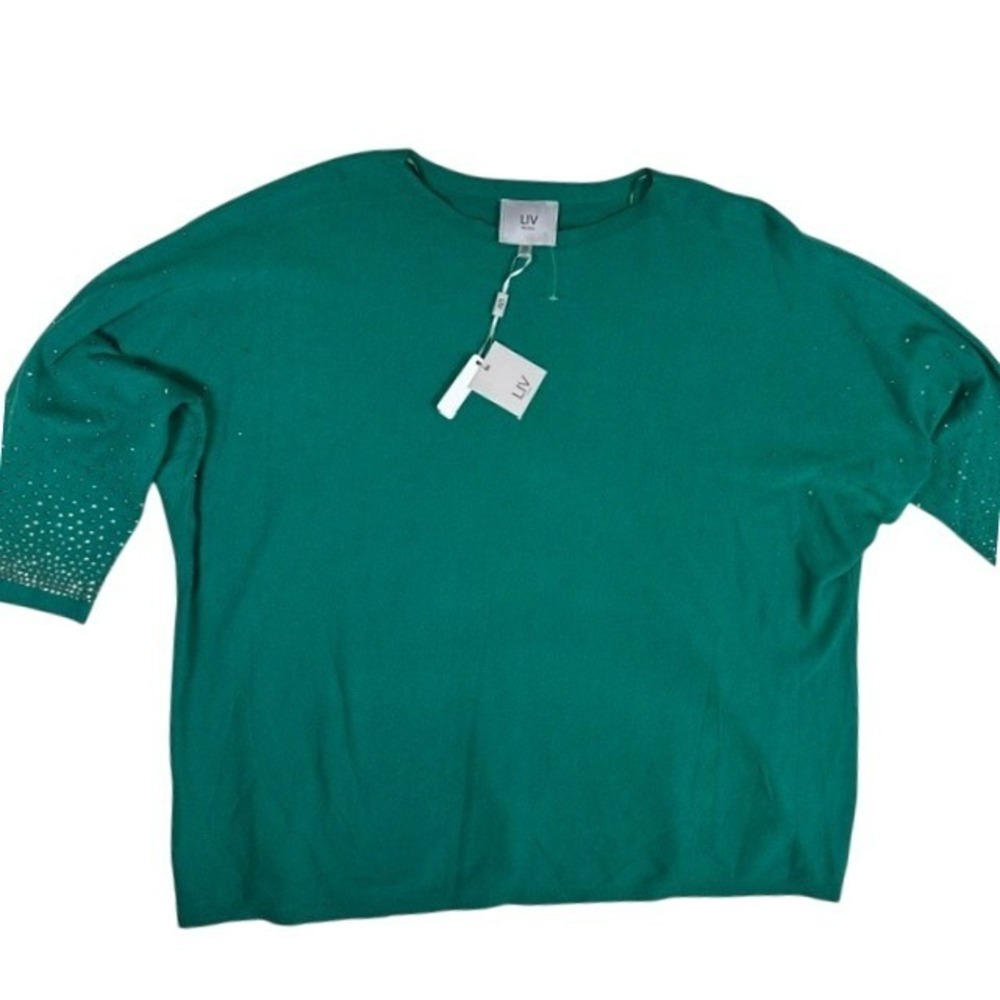 NWT Liv Milano Green Sparkle Rhinestone 3/4 Sleeve Sweater Christmas 2X Holiday‎